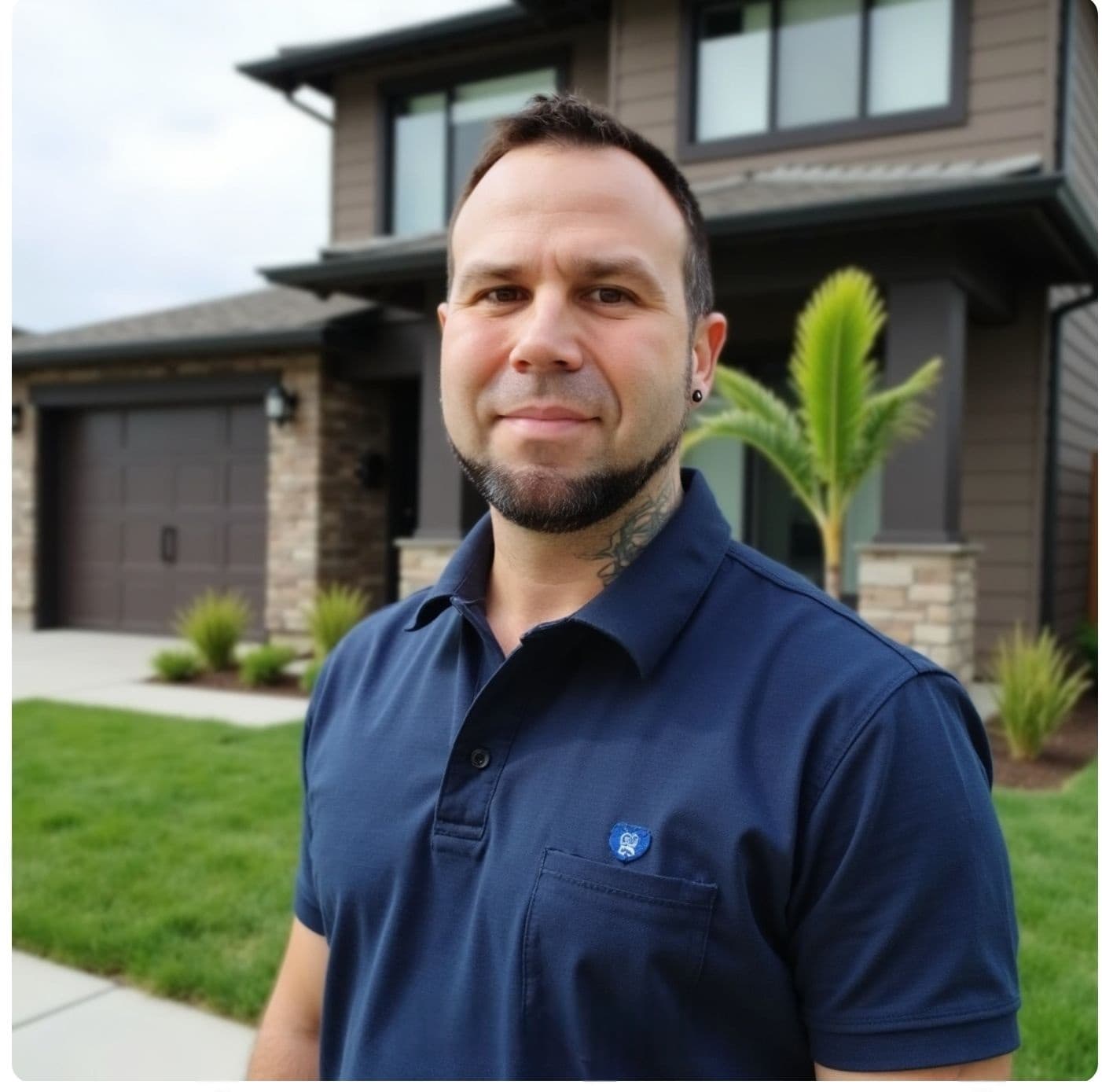 Professional headshot of team member in front of modern home